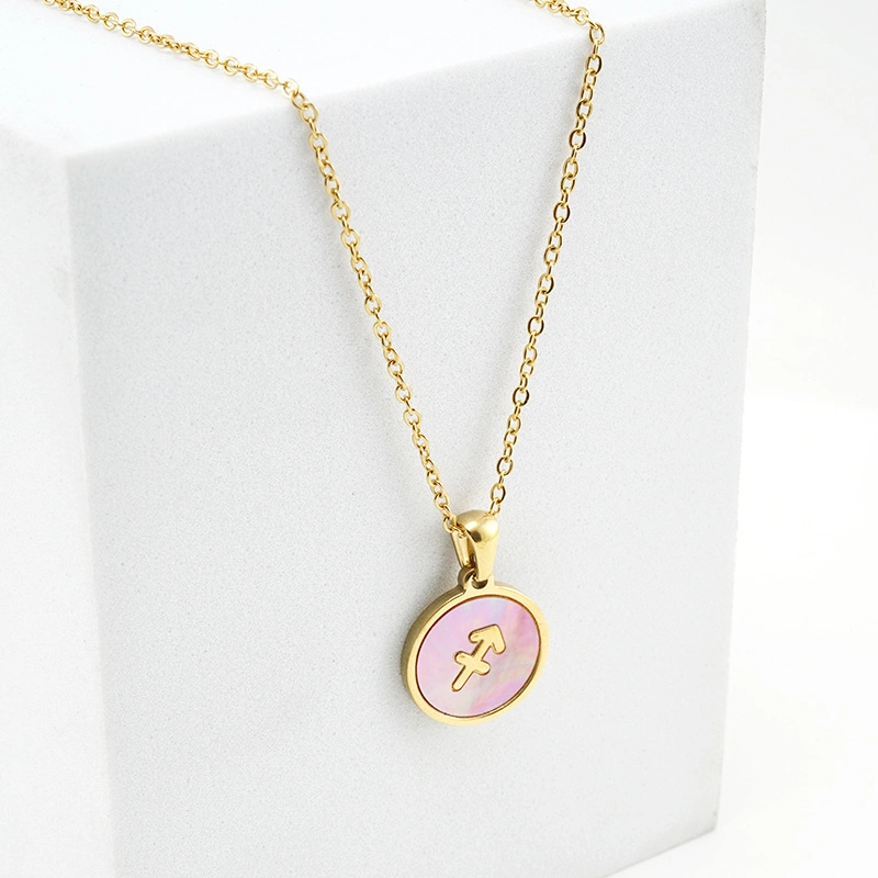 18K Gold Plated Stainless Steel 12 Horoscope Sign Coin Pendant Fashion Round Constellation Zodiac Necklace Jewelry for Couple