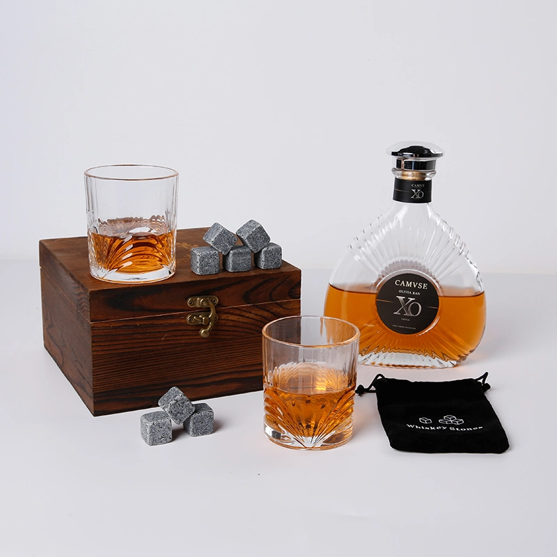 Premium Custom Logo 300ml Crystal Glass Rock Cocktail Whiskey Glasses Set with Granite Chilling Whisky Stones in Wooden Gift Box