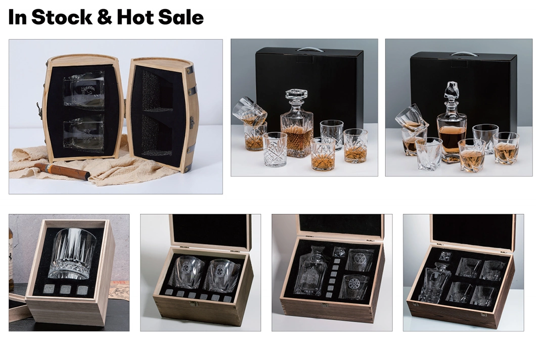 Huahangna Wholesale Free Sample 800ml Crystal Whiskey Decanter and Glass Set in Gift Box for Rum Wine Wedding Anniversary Birthday Promotion