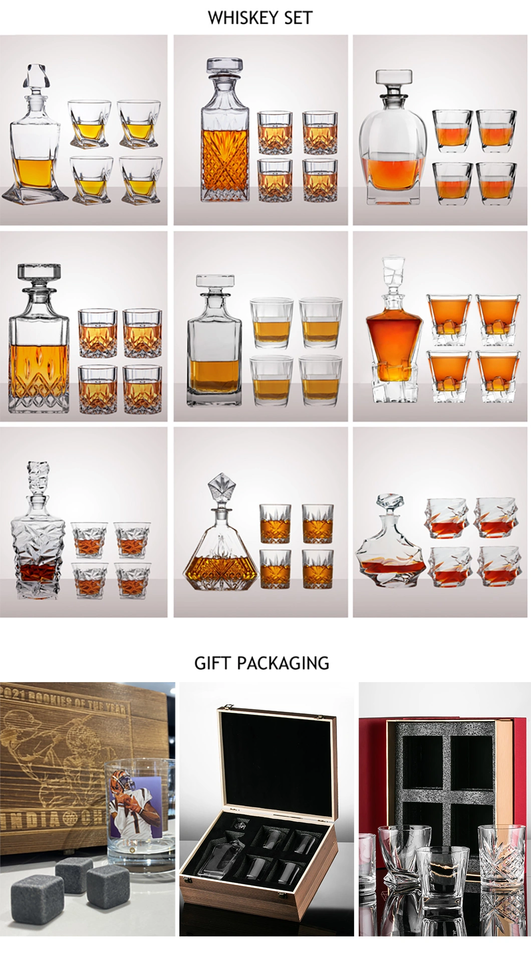 Premium Elegant Hand Crafted Engraved Crystal Glass Whisky Decanter &amp; Whiskey Glasses Set in Leather Gift Box
