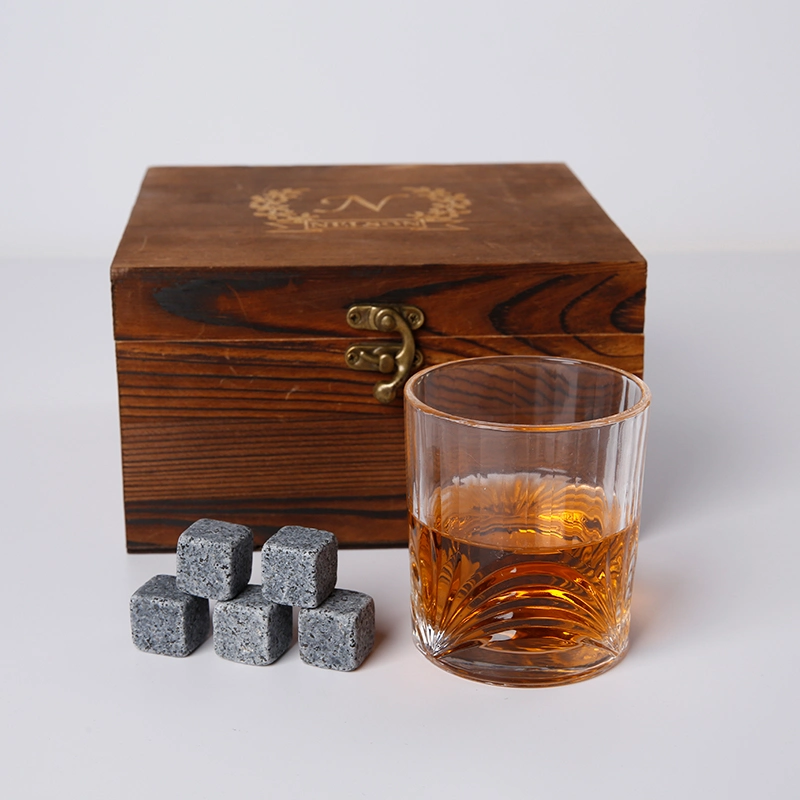 Premium Custom Logo 300ml Crystal Glass Rock Cocktail Whiskey Glasses Set with Granite Chilling Whisky Stones in Wooden Gift Box