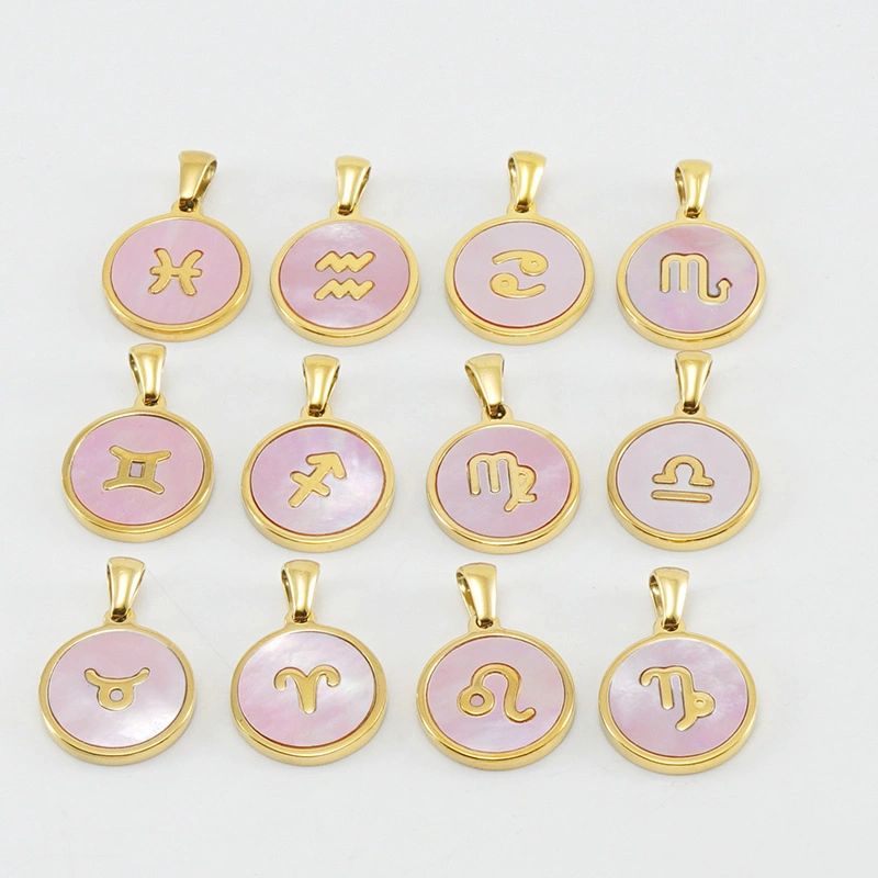 18K Gold Plated Stainless Steel 12 Horoscope Sign Coin Pendant Fashion Round Constellation Zodiac Necklace Jewelry for Couple