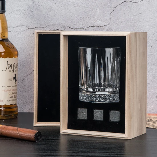 Fancy Custom Logo Crystal Clear Whiskey Glass Set with 4 Granite Chilling Stone and Coaster in Wooden Box for Gift