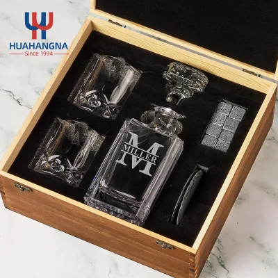 3 Pack 750ml 25oz Custom Logo Lead Free Crystal Etched Whiskey Decanter Set with 2 Whiskey Glasses in Wooden Box for Gift