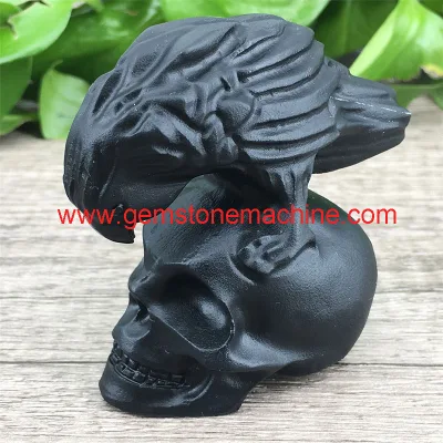 Natural Black Obsidian Hand-Carved Eagle and Skull Polished Crystal Crafts Halloween Decoration