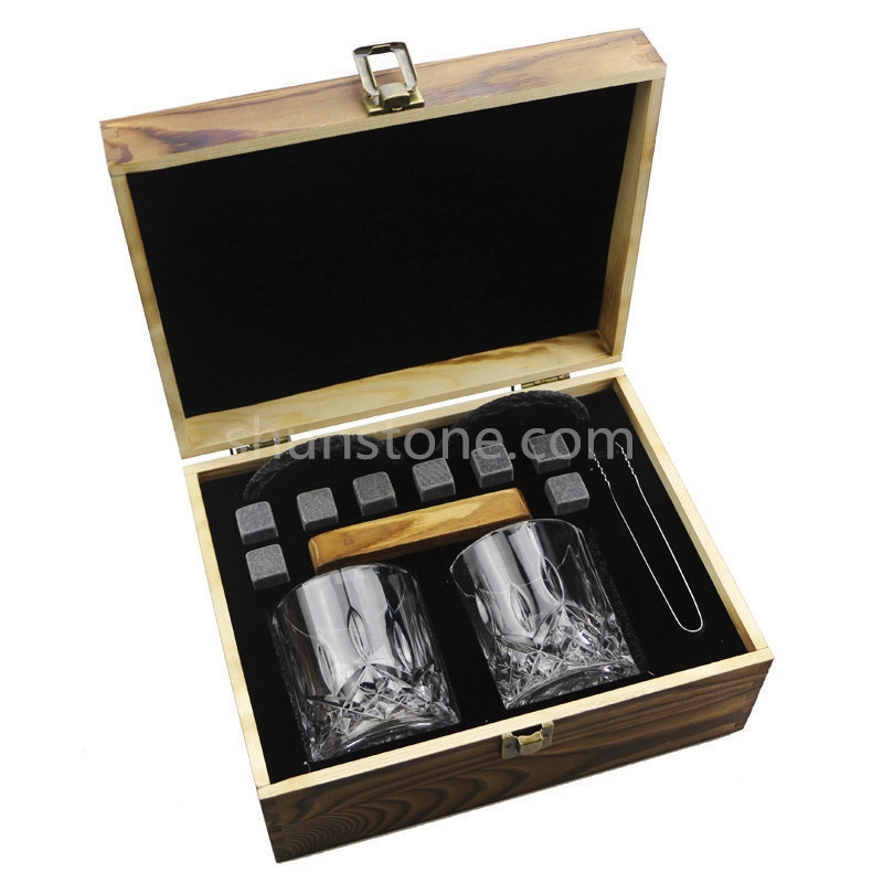 Whiskey Stones Set - Two 10 Oz. Lead-Free Crystal Glasses Gift Set with Wooden Box