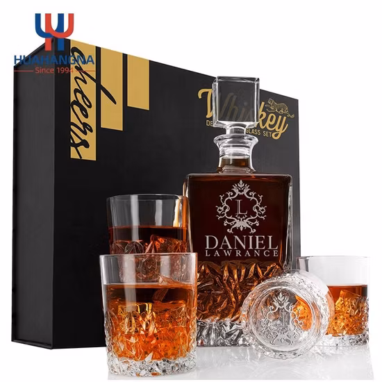 Premium Elegant Hand Crafted Engraved Crystal Glass Whisky Decanter &amp; Whiskey Glasses Set in Leather Gift Box